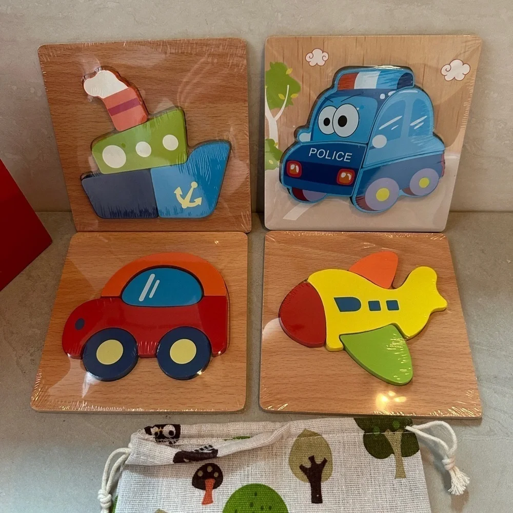 Skyfield Childrens 4 Wooden Vehicles Puzzles Baby Toy Education Motor 12 Mos +